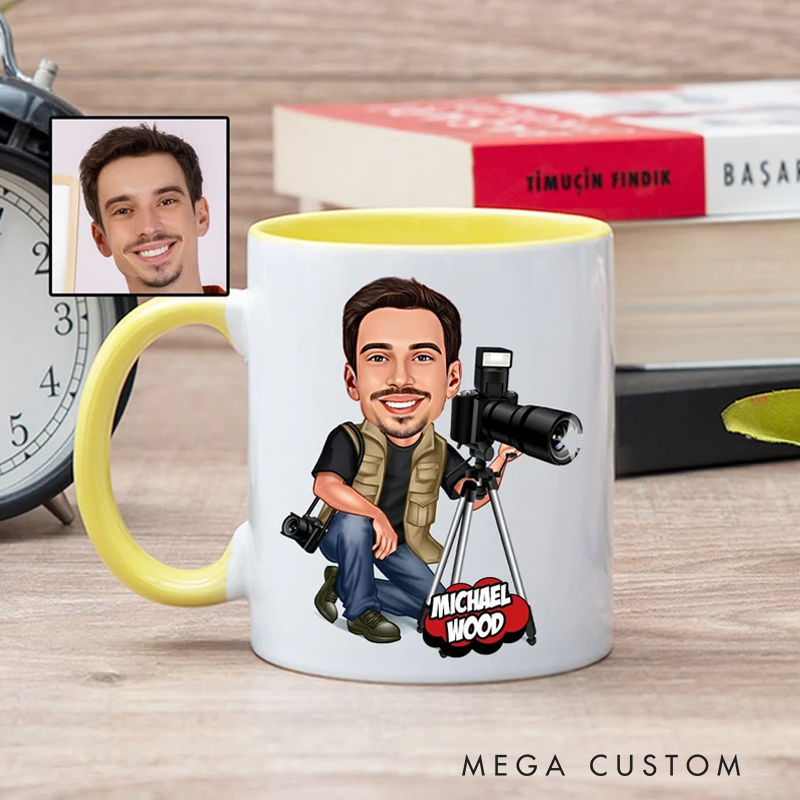 Personalized Photographer Coffee Mug With Caricature From Photo Funny Photographer Gift for Men and Women Photographer Camera Themed Gift Ideas