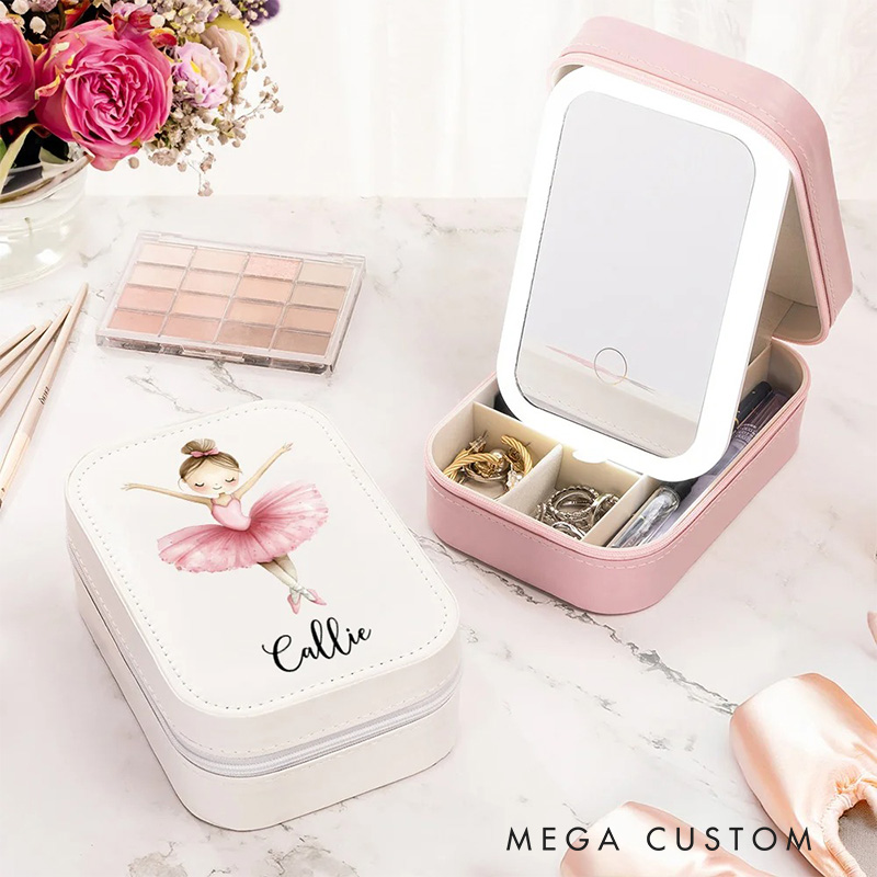Personalized Cartoon Ballerina Girl Leather Jewelry Box with LED Makeup Mirror Hair Pin Case Birthday Wedding Gift for Women