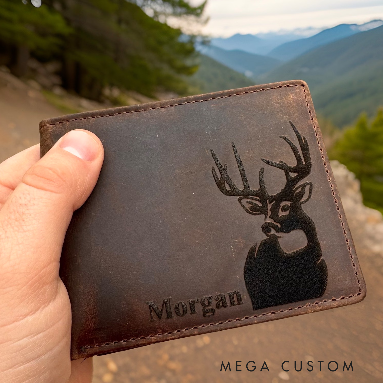 Personalized Mens Crazy Horse Leather Wallet with Deer Hunting Design Mens Rustic Leather Deer Wallet Custom Gift for Dad Husband