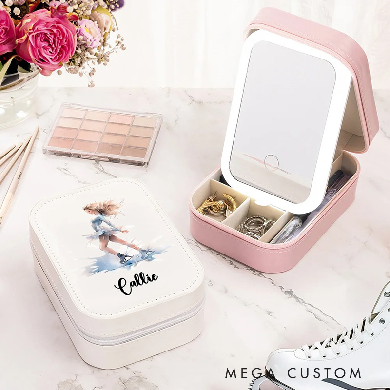 Personalized Cartoon Skating Girl Leather Jewelry Box with LED Makeup Mirror Hair Pin Case Birthday Wedding Gift for Women