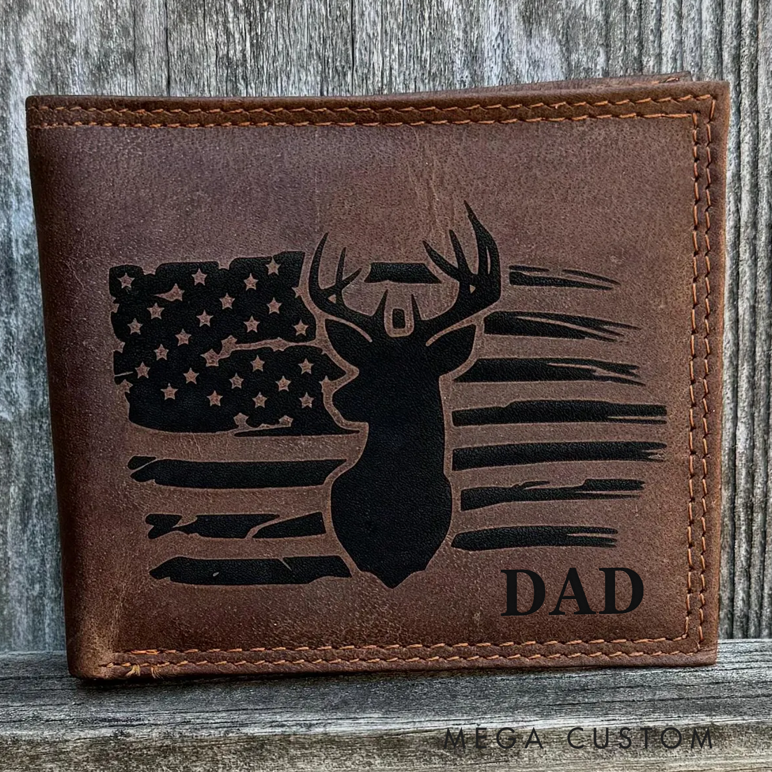 Personalized Leather Wallet Deer Hunting Flag Wallet Custom Mens Crazy Horse Leather Wallet Gift for Hunting Husband