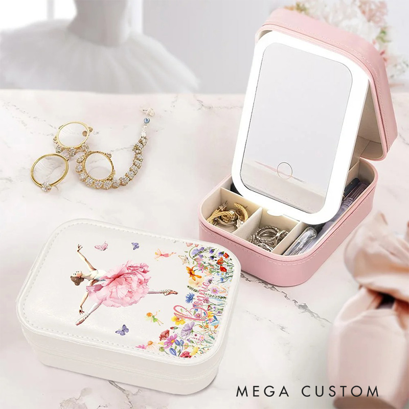 Personalized Birth Flower Butterfly Ballet Girl Leather Jewelry Box with LED Makeup Mirror Hair Pin Case Birthday Wedding Gift for Women