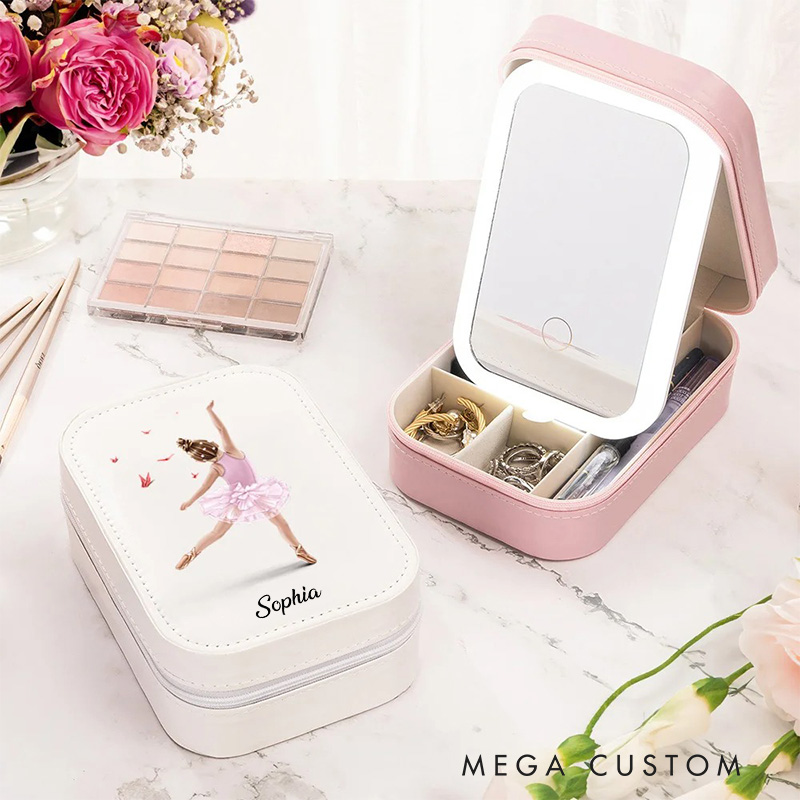 Personalized Cartoon Ballet Girl Leather Jewelry Box with LED Makeup Mirror Hair Pin Case Birthday Wedding Gift for Women