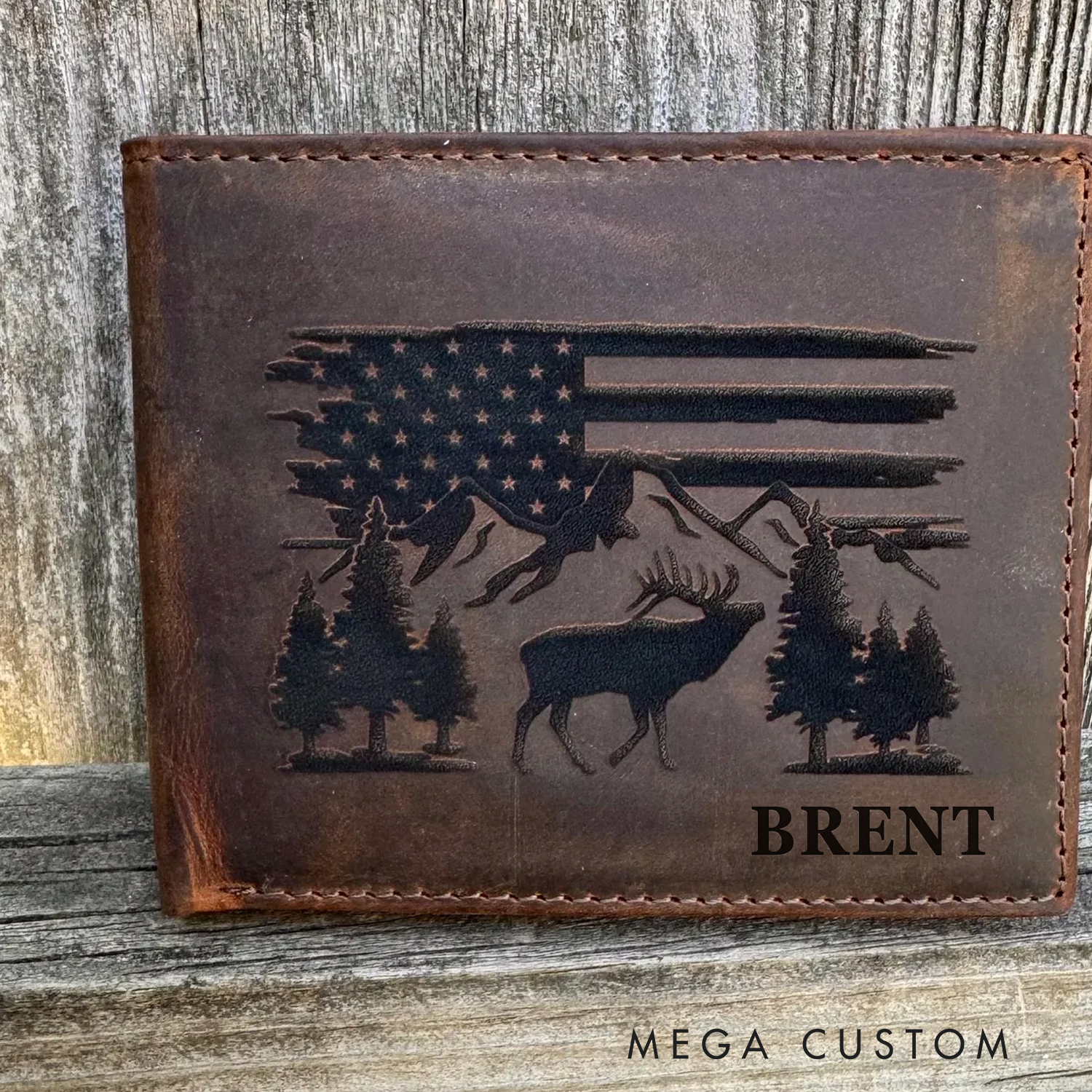 Personalized Elk Hunting Leather Wallet Engraved Mens Crazy Horse Leather Wallet for Him Husband Boyfriend