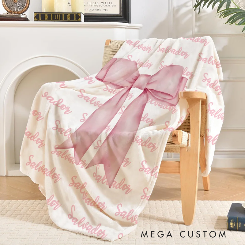 Personalized Girly Pink Coquette Bow Soft Throw Blanket with Repeating Names Trendy Home Decor Birthday Gift for Women Girls
