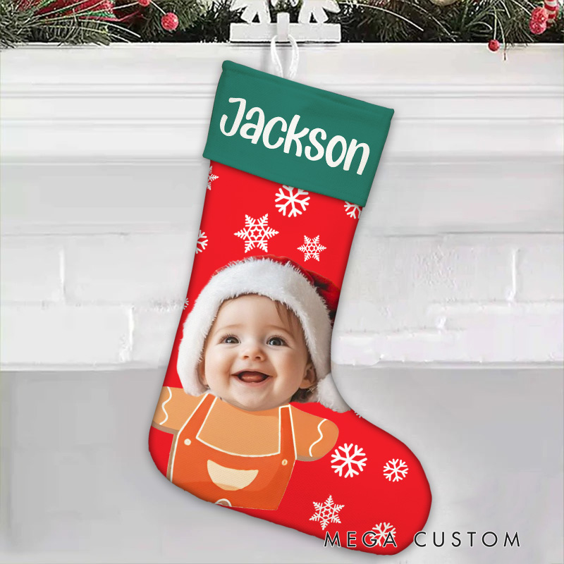 Personalized Cute Snowflake Snowman Christmas Stocking with Photo Name Christmas Tree Decor Gift for Family Friends