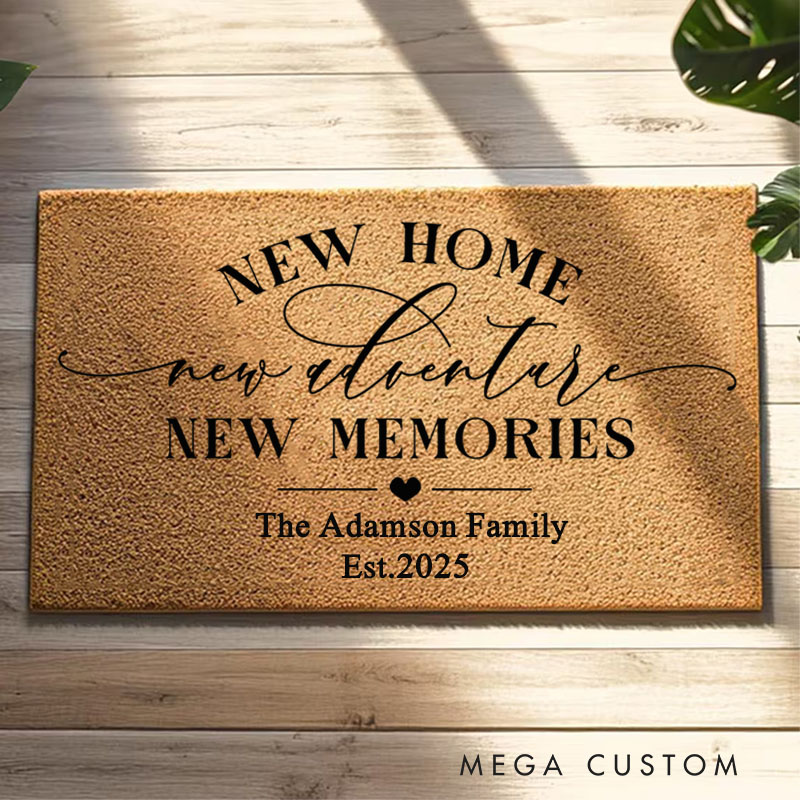 Personalized Doormat New Home Doormat New Adventure New Memories Design Custom Family Name Housewarming Gift Welcome Mat Indoor Outdoor Home Decor Rug