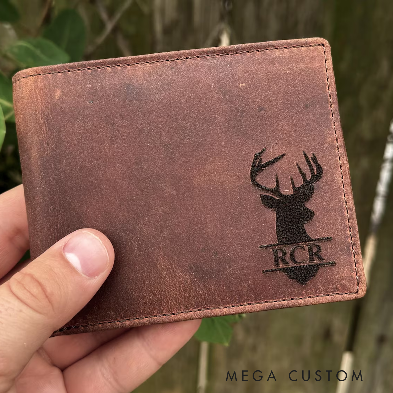 Personalized Rustic Leather Bi-Fold Wallet Deer Hunting Design Wallet Custom Mens Crazy Horse Leather Wallet Gift for Boyfriend Husband