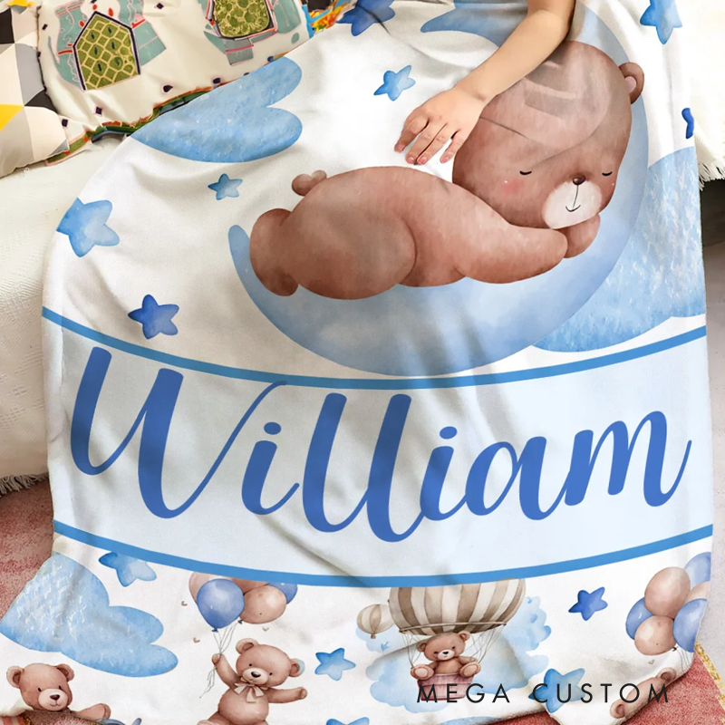 Personalized Sleeping Bear Cloud Moon Star Soft Throw Blanket with Name Home Decor Birthday Gift for Teenagers Kids