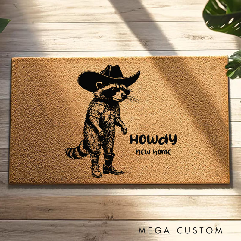 Personalized Howdy Racoon Cowboy Funny Doormat Western Decor Funny Coir Door Mat Welcome Mat Funny Housewarming Wedding Gift New Home Gift for Home