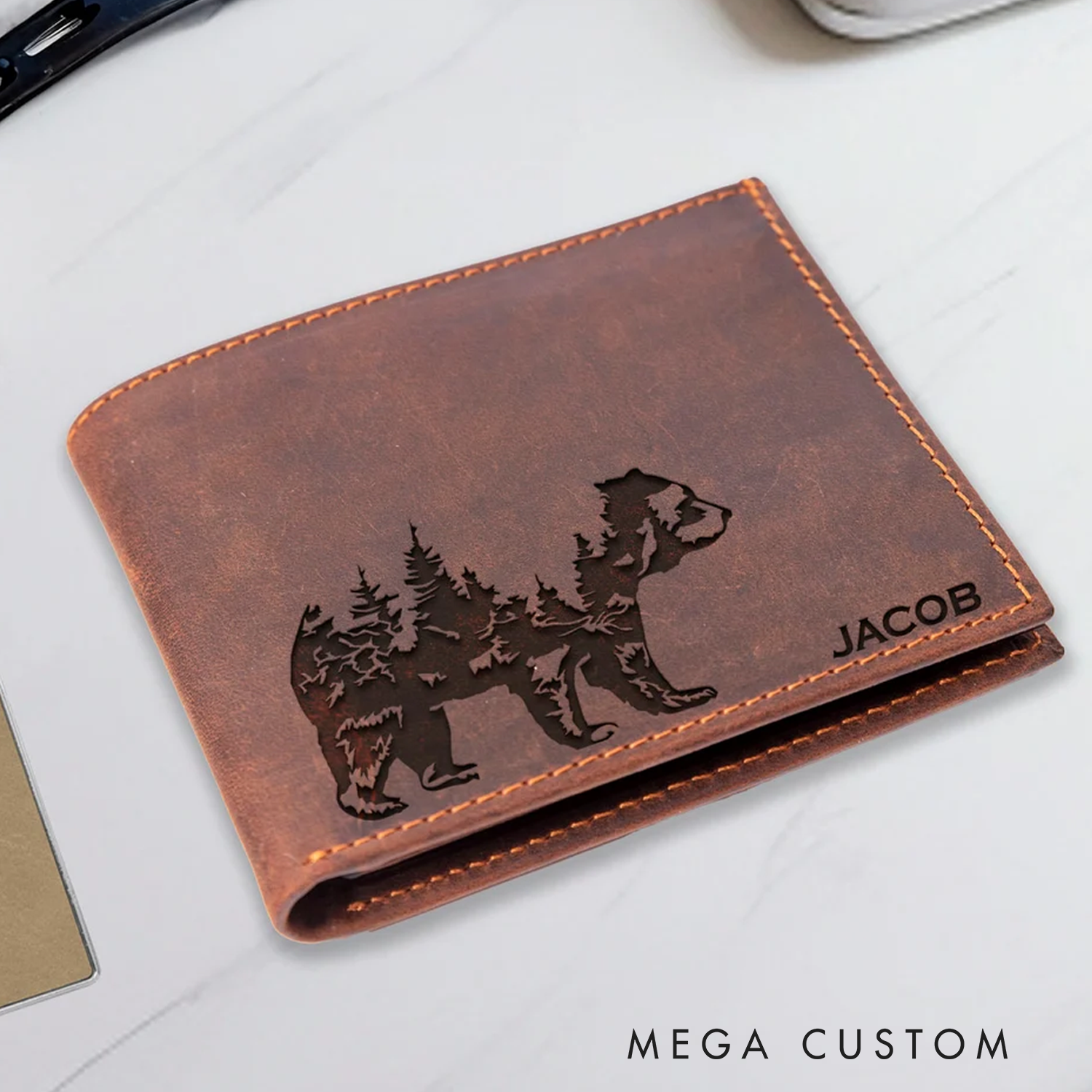 Personalized Grizzly Bear Leather Wallet Custom Wallet Name for Men Hunting Gift for Men Husband Father