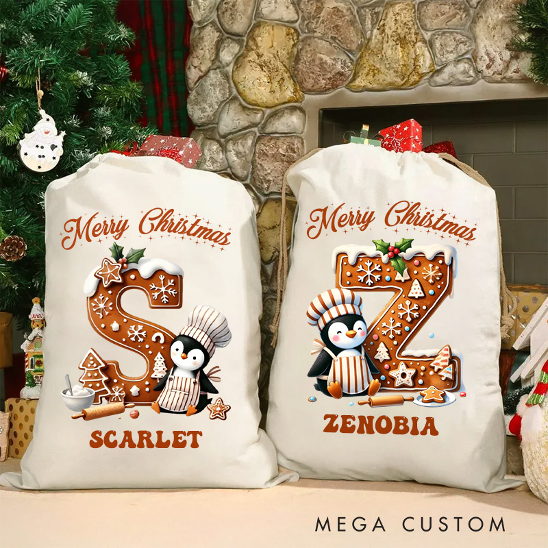Personalized Gingerbread Penguin Alphabet Christmas Bag with Name Gingerbread Christmas Sack Holiday Santa Sack for Baking Lovers Christmas Gift