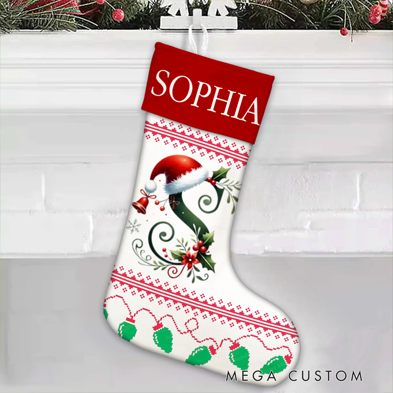 Personalized Bell Santa Hat Initial Christmas Stocking with Name Text Christmas Party Gift