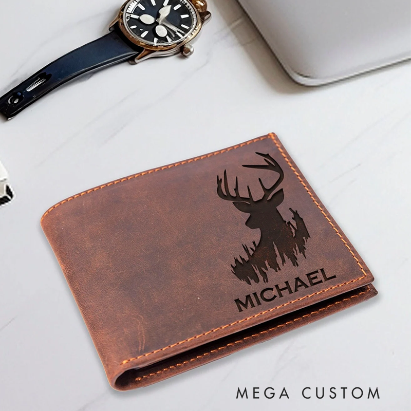 Personalized Men Crazy Horse Leather Wallet Engraved Name Wallet Custom Deer Hunting Wallet Gift for Hunting Husband