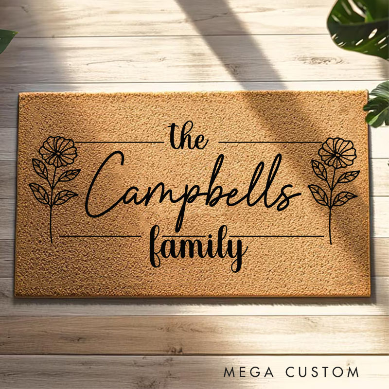 Personalized Floral Family Welcome Mat Custom Door Mat with Family Name New Home Gift Housewarming Wedding Gift for Couples Christmas Gift
