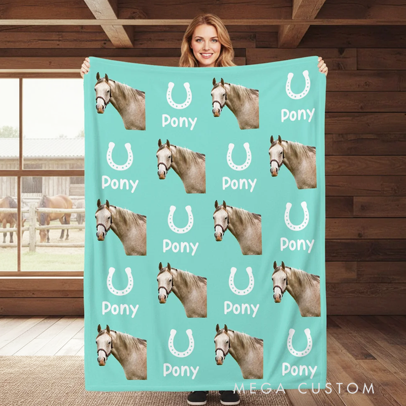 Personalized Horseshoe Horse Face Photo Multicolor Soft Throw Blanket with Name Birthday Anniversary Gift for Horse Owner Lover