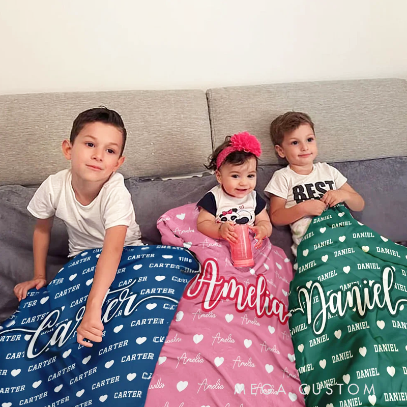 Personalized Heart Icon Multicolor Name Soft Throw Blanket Birthday Christmas Gift for Boys Girls Family