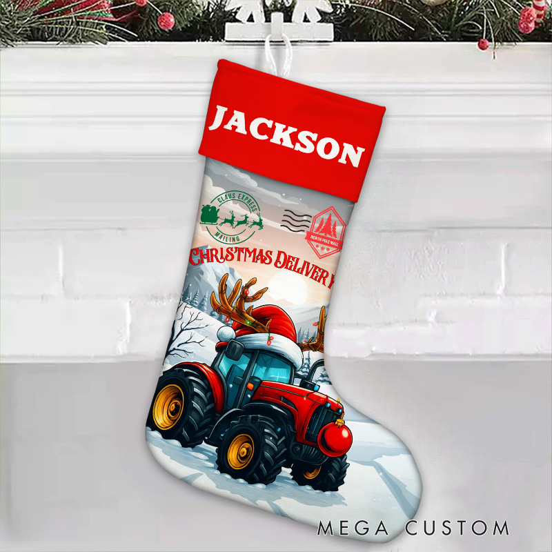 Personalized Festive Tractor and Reindeer Christmas Stocking with Custom Name for Holiday Cheer