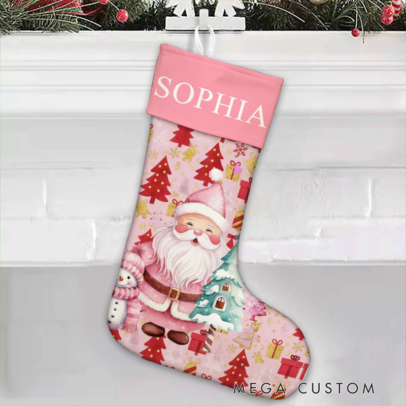Personalized Pink Santa and Snowman Christmas Stocking with Custom Name for Festive Holiday Decor