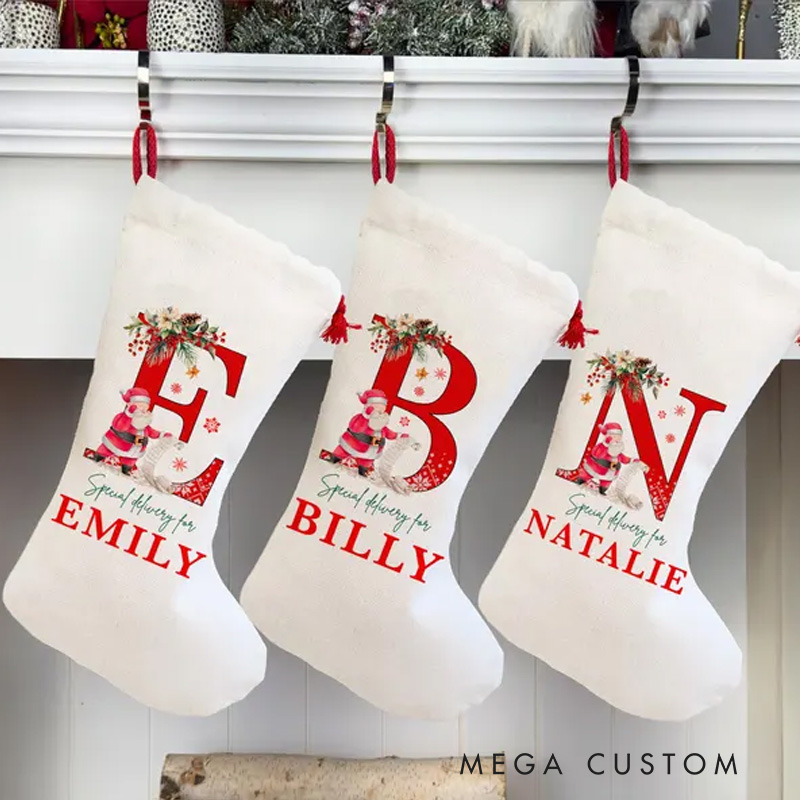 Personalized Initial and Name Christmas Stocking with Festive Floral Accents for Holiday Warmth