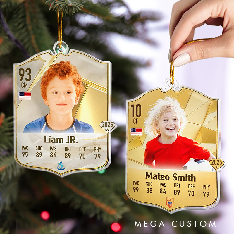 Personalized Soccer Card Acrylic Christmas Ornament with Custom Photo, Name, and Stats Design