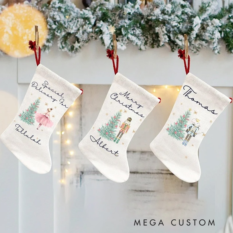 Personalized Nutcracker and Ballerina Christmas Stocking with Custom Name for Elegant Holiday Decor