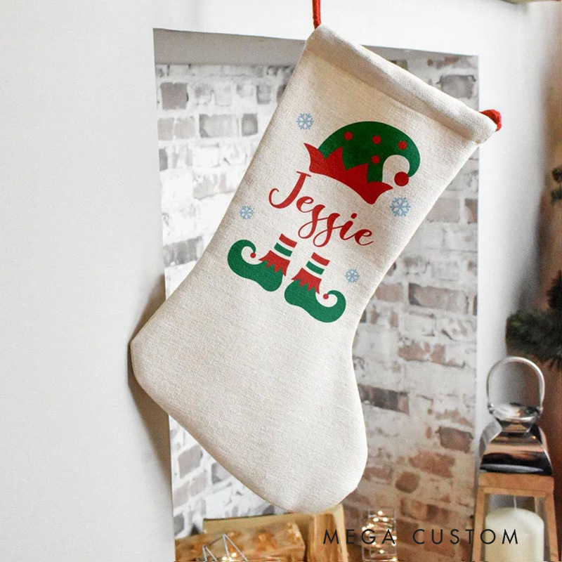 Personalized Elf Hat and Shoes Christmas Stocking with Custom Name for Playful Holiday Spirit
