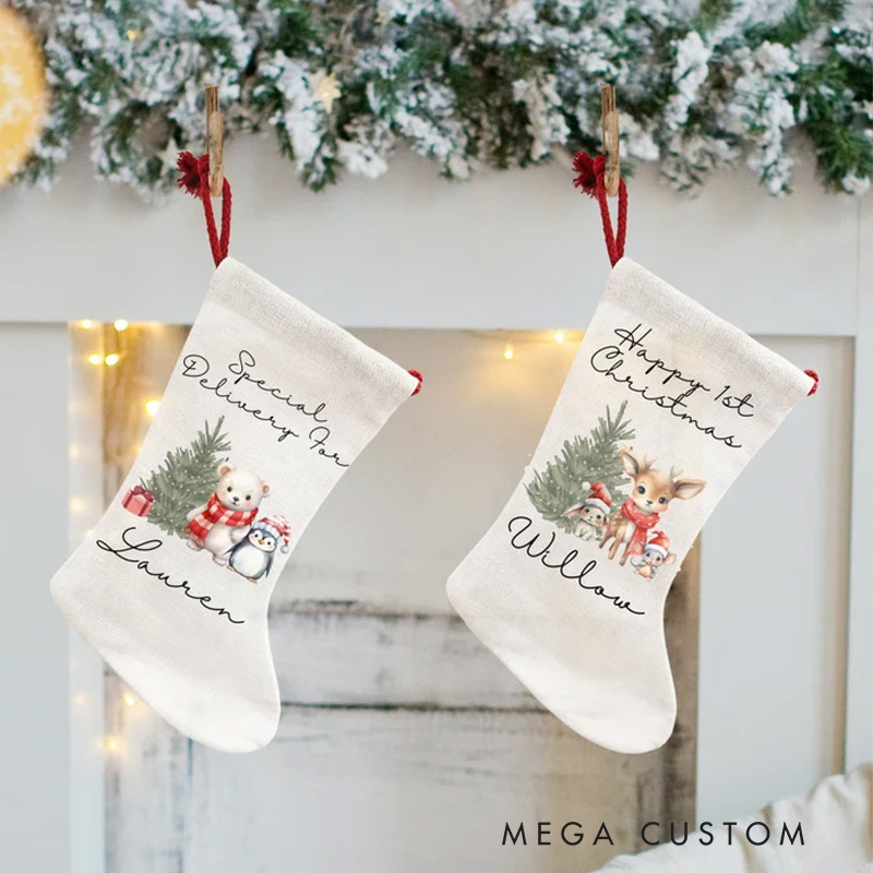 Personalized Baby’s First Christmas Stocking with Bear and Reindeer Custom Name for Adorable Holiday Keepsake