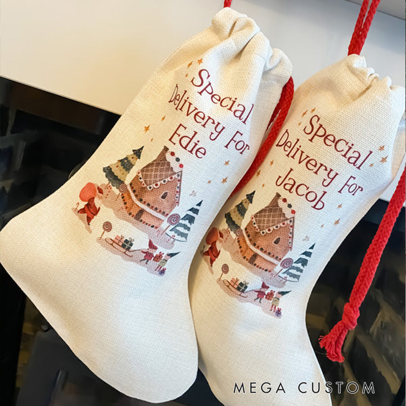 Personalized Gingerbread House and Snowy Scene Stocking with Custom Name for Whimsical Holiday Delight