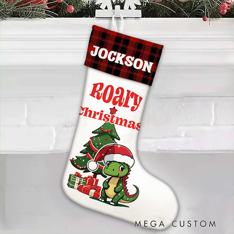 Personalized Dinosaur Roary Christmas Stocking with Custom Name for Fun and Festive Holiday Cheer
