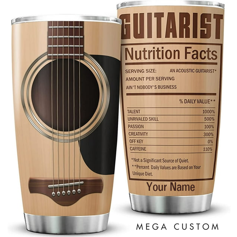 Personalized Name Guitar Insulated Tumblers 20oz Guitarist Nutrition Facts Cup With Lid Vintage Music Gifts for Guitarists Musician Acoustic Band Music Teacher Gifts Guitar Lover