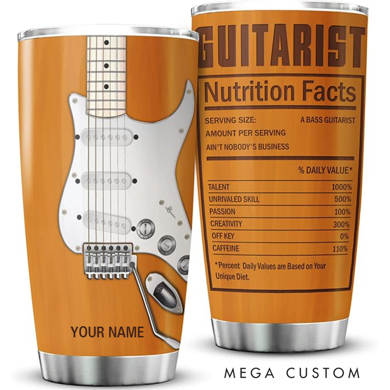 Personalized Name Bass Guitar Insulated Tumblers Guitarist Nutrition Facts Mug With Lid 20oz Vintage Guitar Enthusiast Gifts