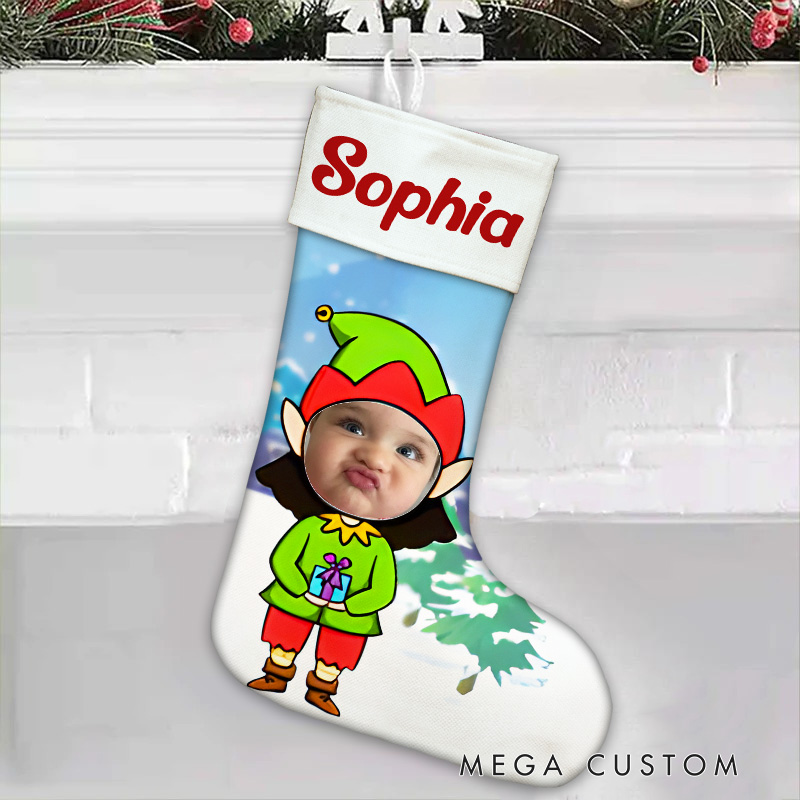 Personalized Elf Photo Christmas Stocking with Custom Name for Playful and Personalized Holiday Fun
