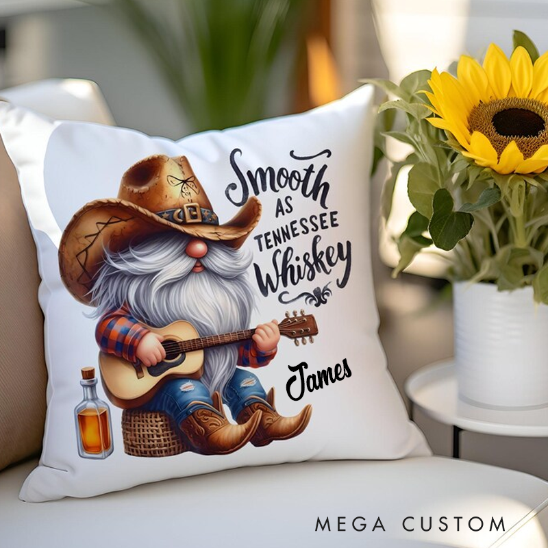 Personalized Name Whiskey Gnome Pillow Country Gnome Decor Cowboy Gnome Pillow Rustic Farmhouse Cushion Guitar Lover Gift