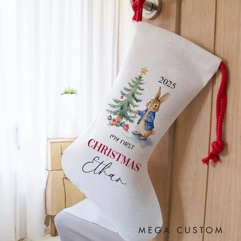 Personalized Woodland Animals and Christmas Tree Stocking with Custom Name for Enchanting Holiday Decor