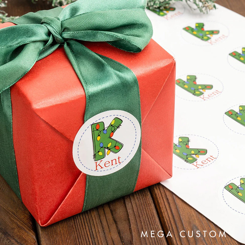 Personalized Santa Colored Lights Letter Waterproof Stickers Initial Name Labels for DIY Gift Decoration Cute Christmas Festival Party Favors for Kids