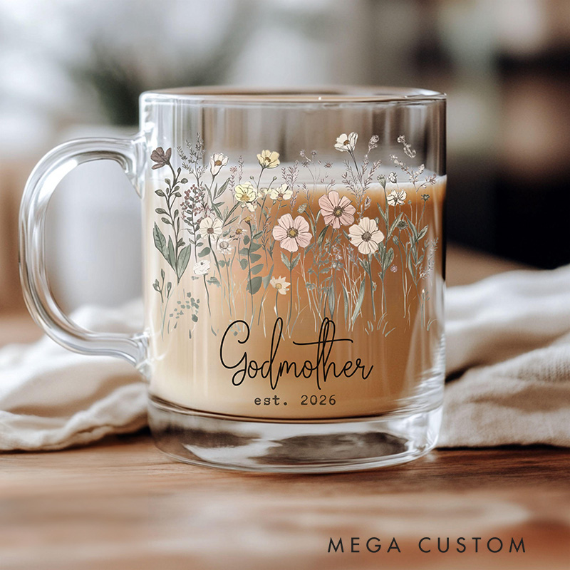 Personalized Be My God Mother Floral 11oz Glass Mug with Name Will You Be My Godparent Baby Announcement Gift Proposal Baptism Gift Godmother Gift