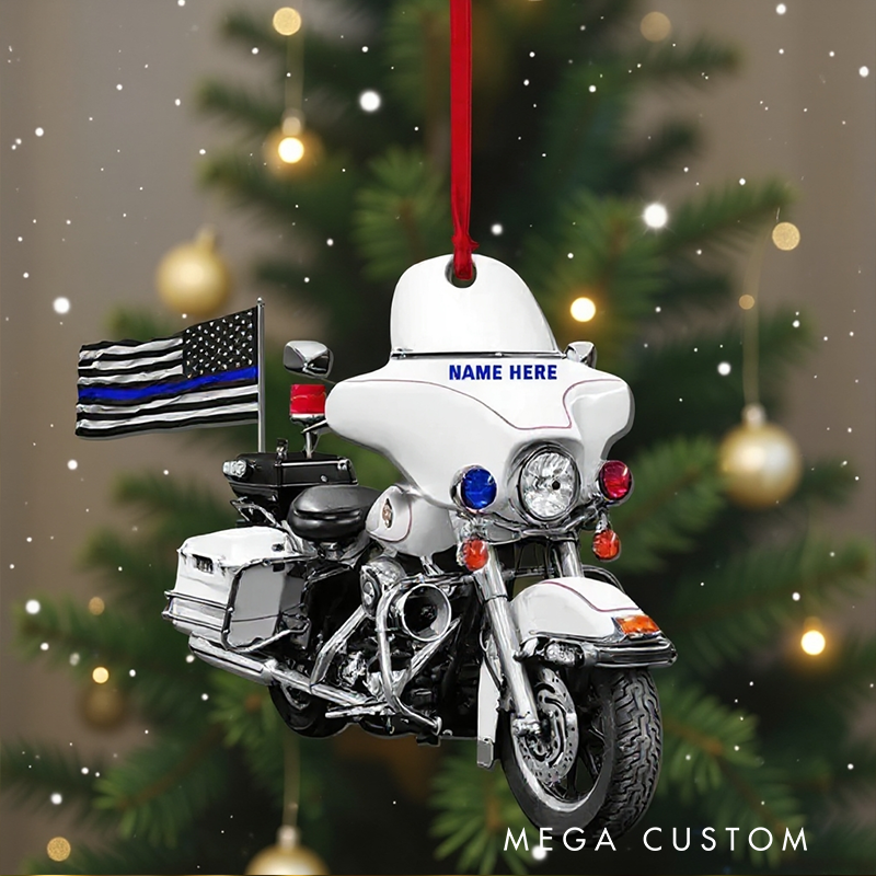 Personalized Police Motorcycle Christmas Ornament with Thin Blue Line Flag Gift for Police