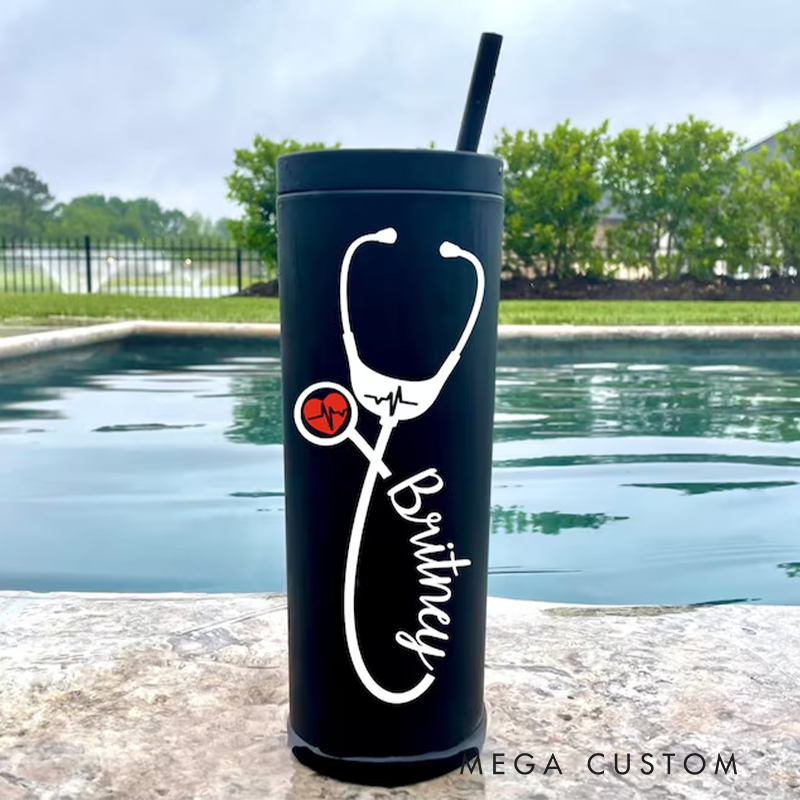 Personalized Nurse Tumbler with Straw Stethoscope RN Nurse Gift Doctor Gift Nurse Assistant Heartbeat Nursing Student