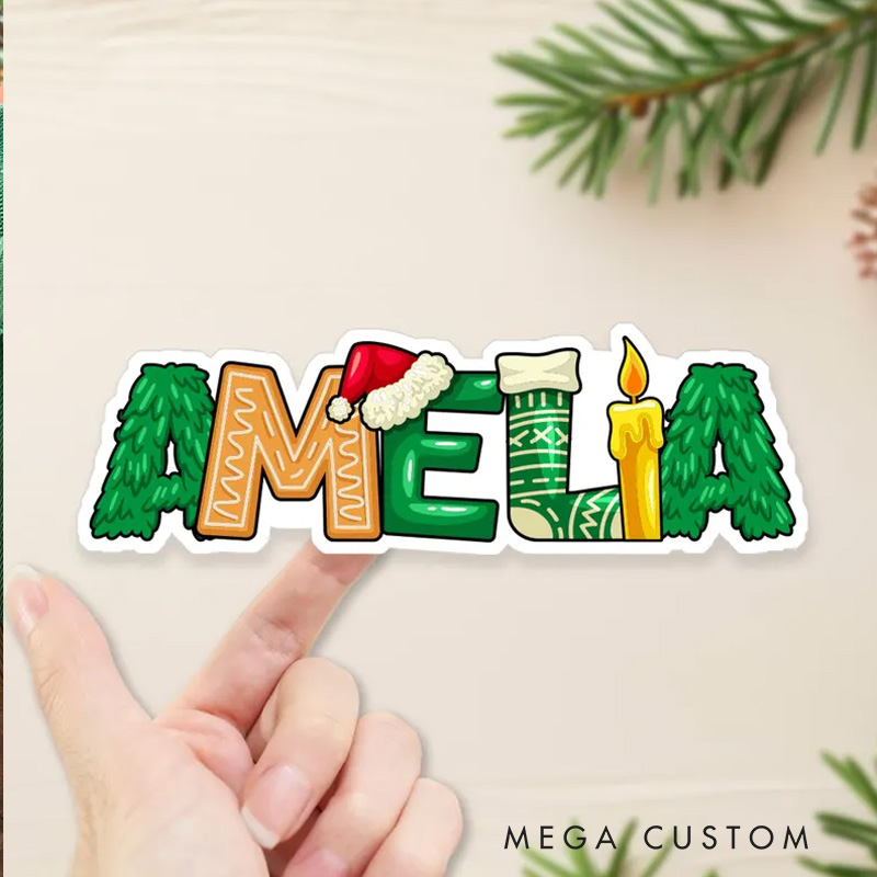 Personalized Festive Name Art Christmas Stickers with Holiday Icons for Unique and Cheerful Seasonal Decor