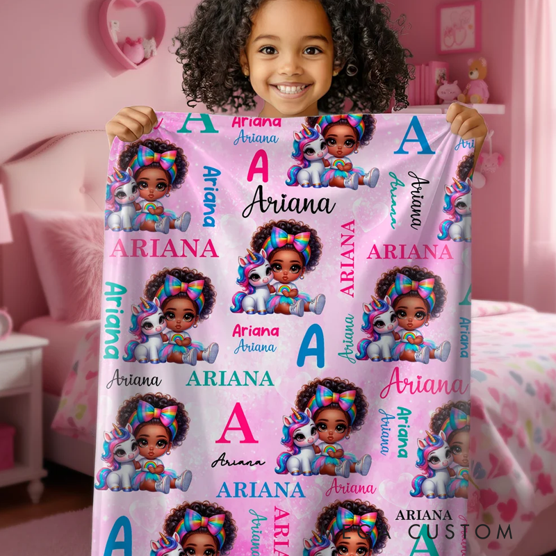 Personalized Cartoon Black Character Fantasy Unicorn Rainbow Soft Throw Blanket with Name Home Decor Birthday Christmas Gift for Boys Girls