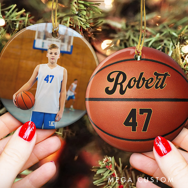 Personalized Sports Christmas Ornament with Custom Photo, Name, and Number Design