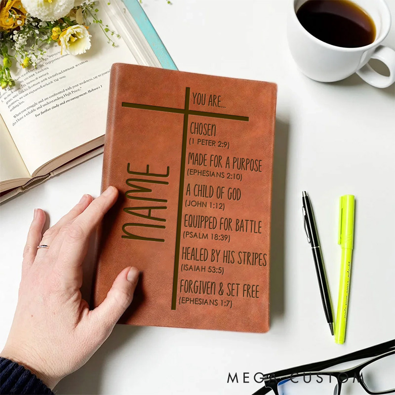 Personalized Cross You Are Chosen A5 Leather Journal Notebook with Name for Men or Women as Religious Retirement Baptism Birthday Gift for Christian