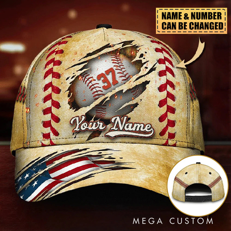 Personalized Baseball Cap with Torn Design Custom Name Number and Flag Details  