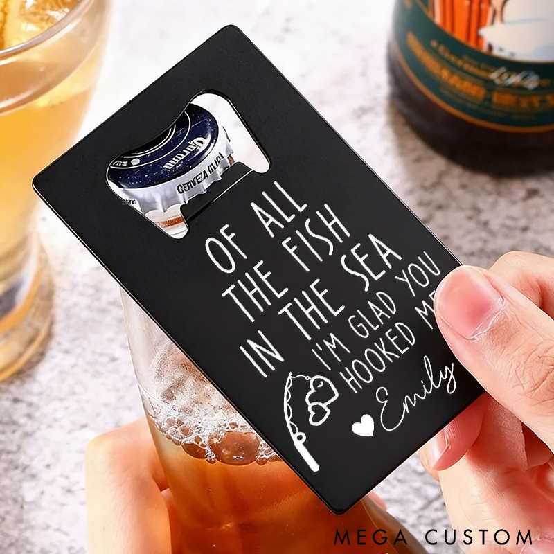 Personalized Fishing Bottle Opener Glad You Hooked Me Design Custom Name Stainless Steel Romantic Gift for Couples and Fishing Lover