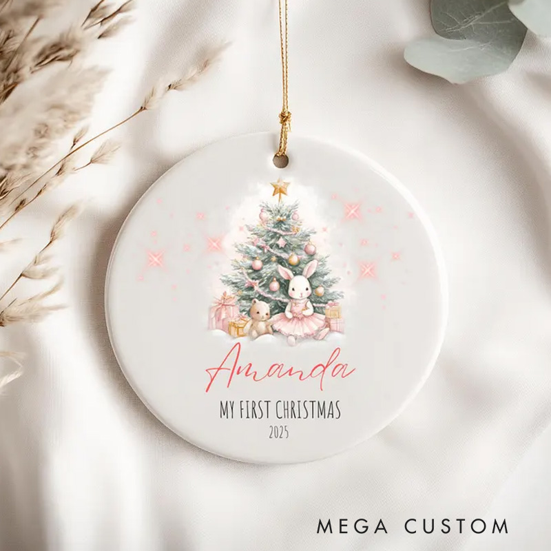 Personalized Elegant Christmas Tree and Bunny Ornament with Custom Name and Date for Cherished Holiday Memories Christmas Ornament
