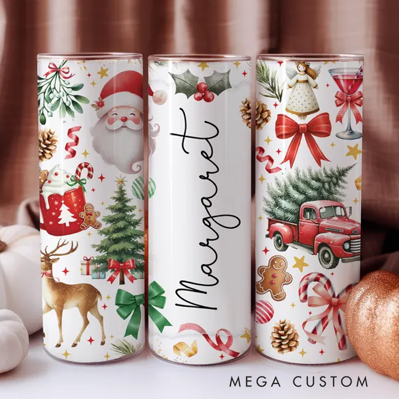 Personalized Name Santa Tumbler 20oz Merry Christmas Skinny Tumbler With Lid and Straw New Year Holiday Gift Xmas Tumbler Cup