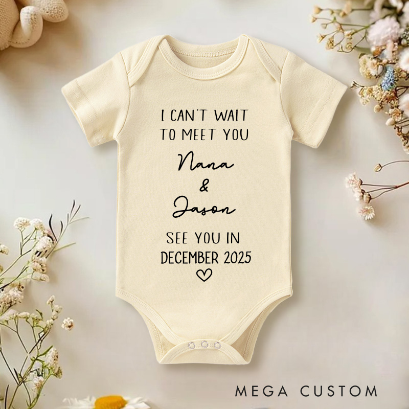 Personalized I Can't Wait To Meet You Baby Onesie Announcement Reveal Gift