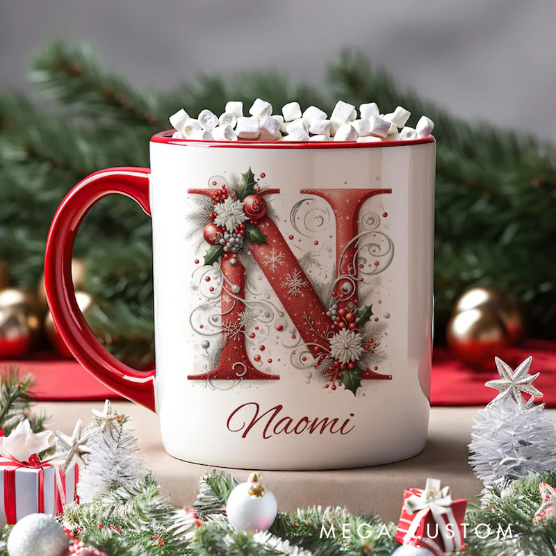 Personalized Elegant Initial Mug with Festive Floral Accents and Custom Name for a Sophisticated Holiday Gift Mug
