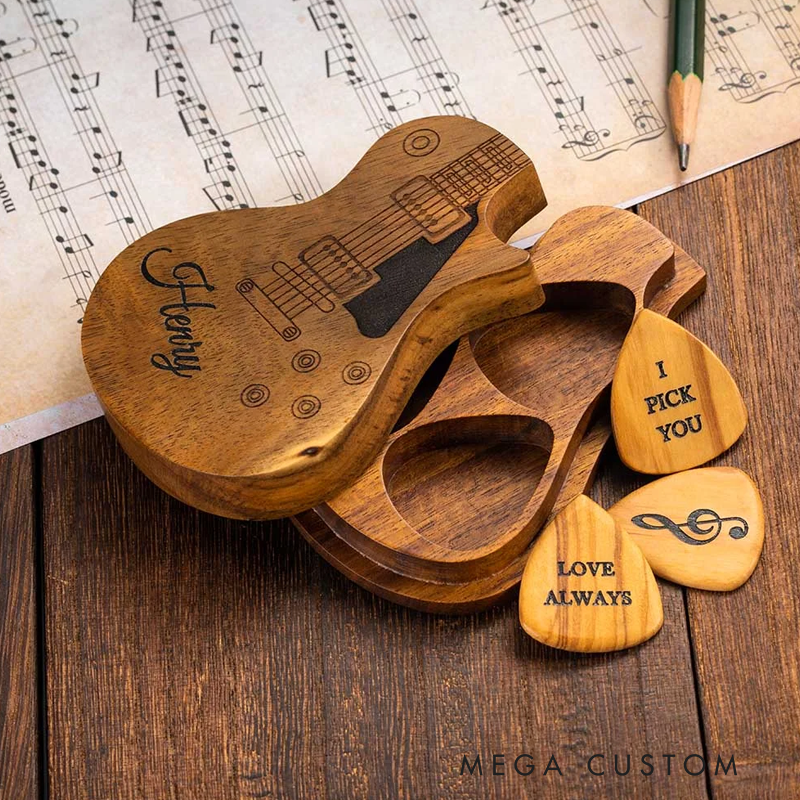 Personalized Wooden Guitar Picks with Storage Case Engraved Holder Box for Pick Set Gift for Guitar Player Musician Birthday Gift Idea